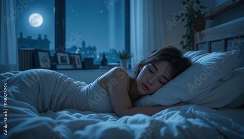 Young woman sleeping peacefully in a cozy bed under moonlight