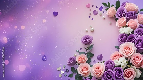 This image shows a beautiful arrangement of pink and purple roses with decorative elements.