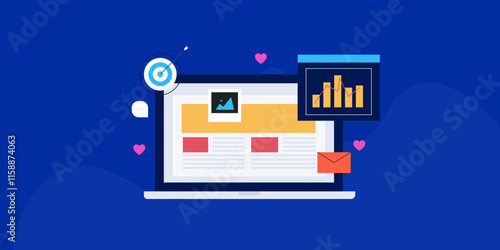Content creation and publishing on blog using content management software, targeting online audience, search marketing and social media, email subscriber concept.