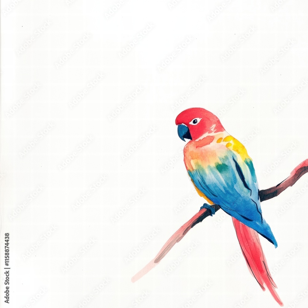 Bright parrot perched on a branch with vibrant colors and an empty space for text or design. Generative AI Bright parrot perched on a branch with vibrant colors and an empty space for text or design. Generative AI