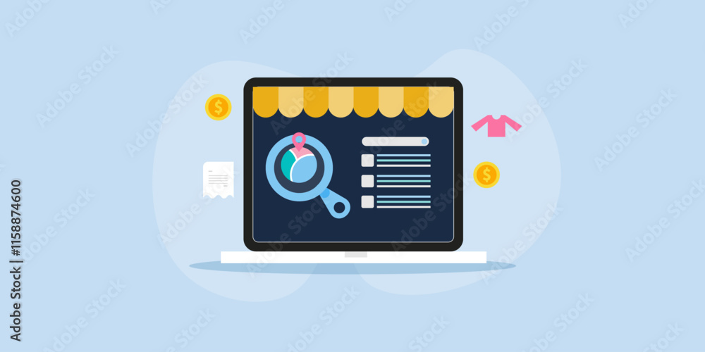 SEO for local business store, small business information and map direction on search page, local search marketing and shop optimization vector illustration. SEO for local business store, small business information and map direction on search page, local search marketing and shop optimization vector illustration.