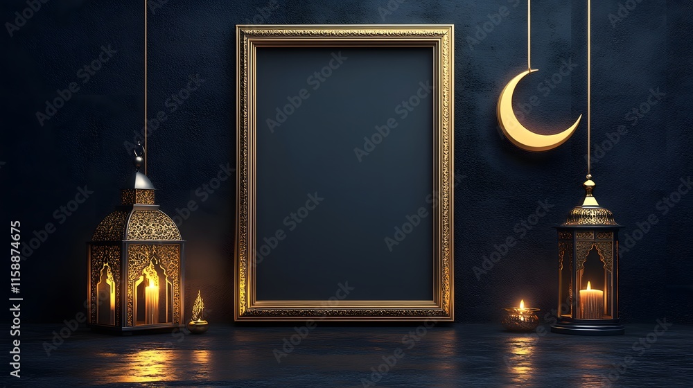 A decorative scene featuring an empty frame, lanterns, and a crescent moon. A decorative scene featuring an empty frame, lanterns, and a crescent moon.