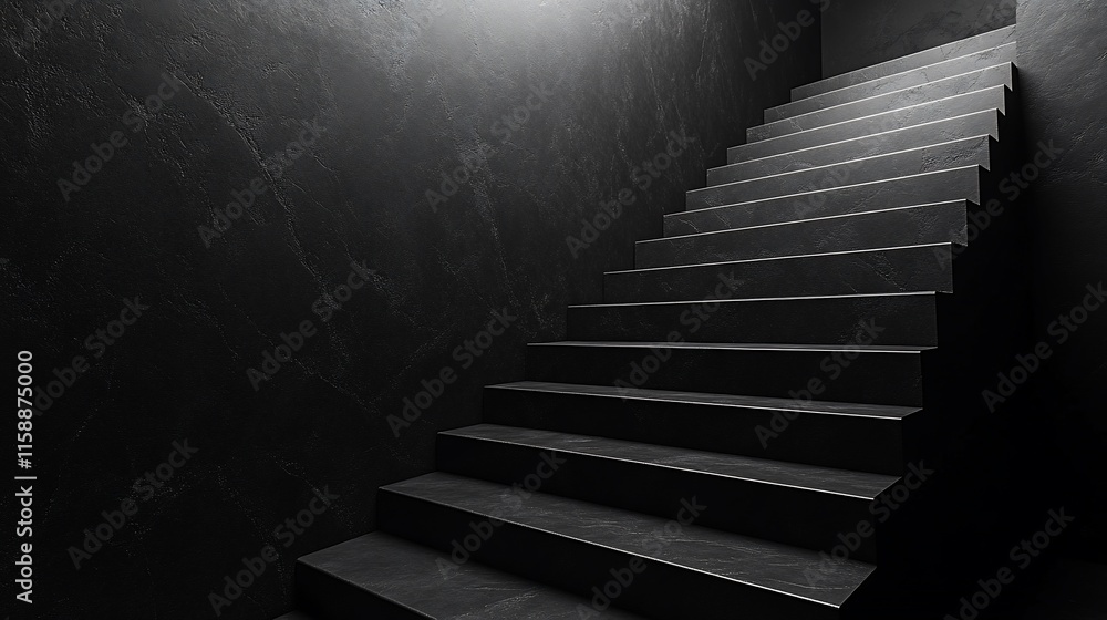 Dark stone staircase ascending in a dimly lit room. Dark stone staircase ascending in a dimly lit room.