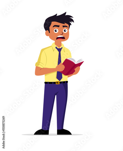 Animated illustration of a student in a tie and yellow shirt looking surprised while holding a red book, reflecting the emotions of discovering unexpected information in studies