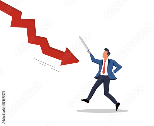 Businessman courageously battles a downward market trend, holding a sword while stepping forward, symbolizing resilience and determination against challenges in financial downturns
