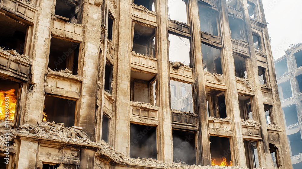 A crumbling, burnt-out building with visible damage and smoke, symbolizing destruction, urban decay, and resilience. A stark, dramatic urban scene. A crumbling, burnt-out building with visible damage and smoke, symbolizing destruction, urban decay, and resilience. A stark, dramatic urban scene.