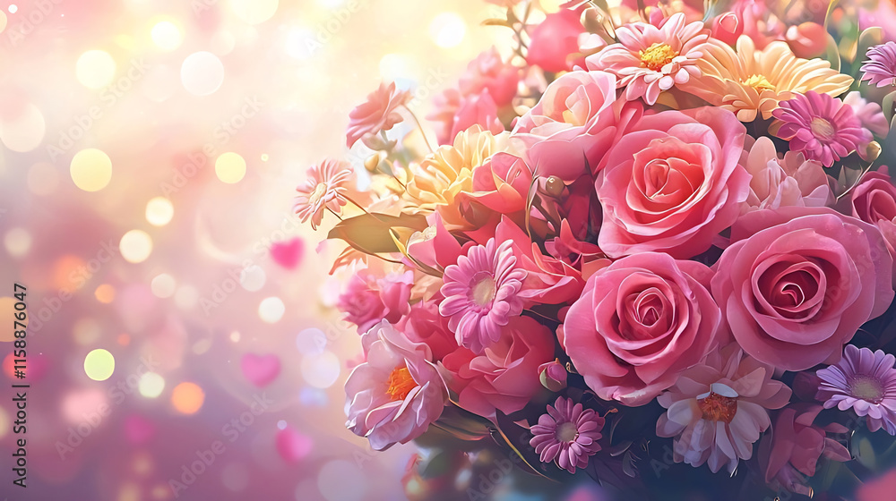 Vibrant pink rose bouquet with assorted flowers, bokeh background. Vibrant pink rose bouquet with assorted flowers, bokeh background.