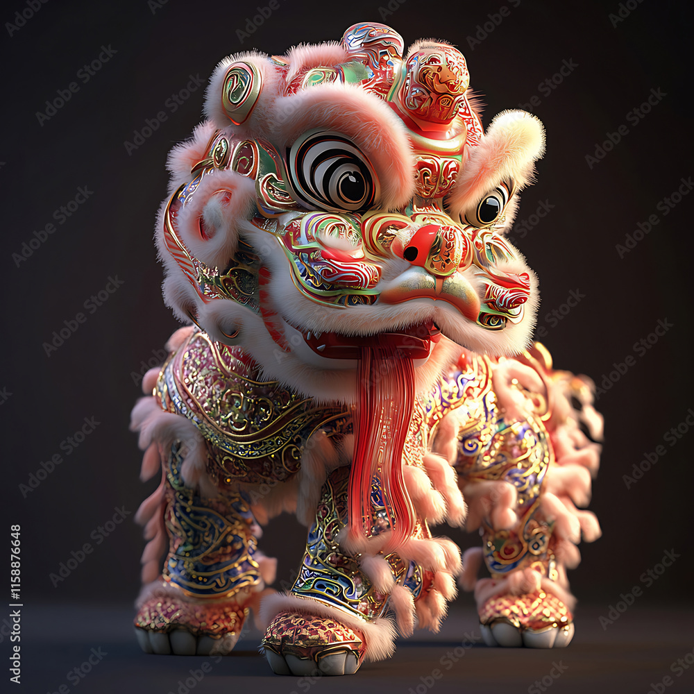 A detailed 3D render of a vibrant, ornate lion dance costume. A detailed 3D render of a vibrant, ornate lion dance costume.