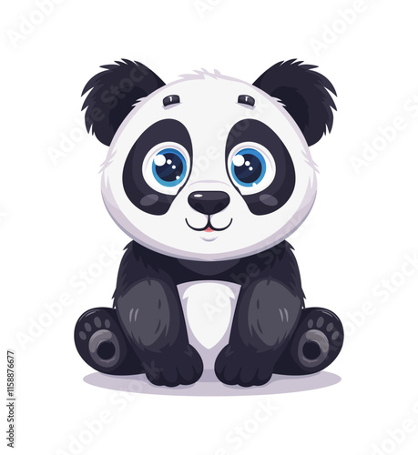 Charming cartoon panda sitting with round cheeks and big blue eyes, fluffy black-and-white fur. Great for nursery decor, kids apps, stickers, storybooks, zoo and conservation messages, Asian wildlife 