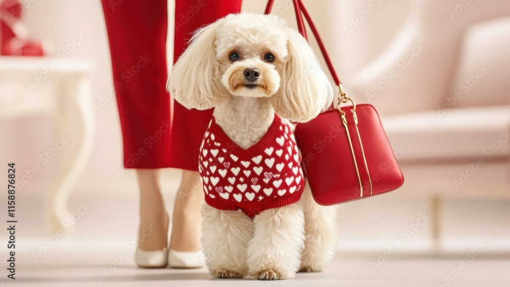 custom made wallpaper toronto digitalValentine's themed matching outfits for dog and owner concept. Adorable dog in a heart-patterned sweater with a stylish handbag