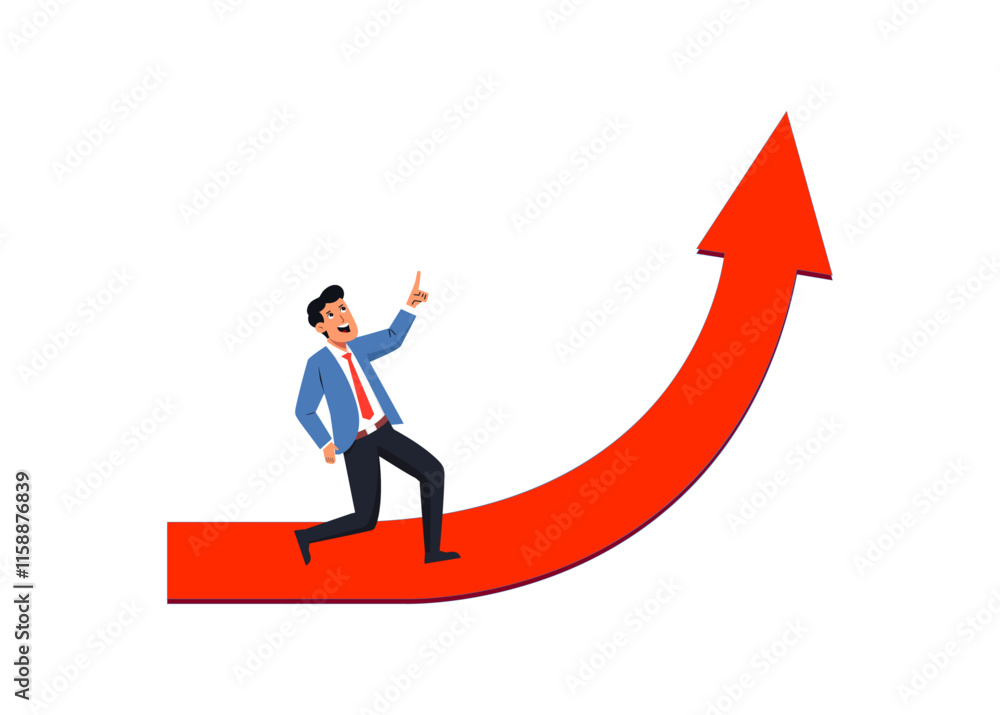 A businessman climbing a red arrow, symbolizing business success, growth, and economic progress in a vibrant and motivational cartoon design A businessman climbing a red arrow, symbolizing business success, growth, and economic progress in a vibrant and motivational cartoon design