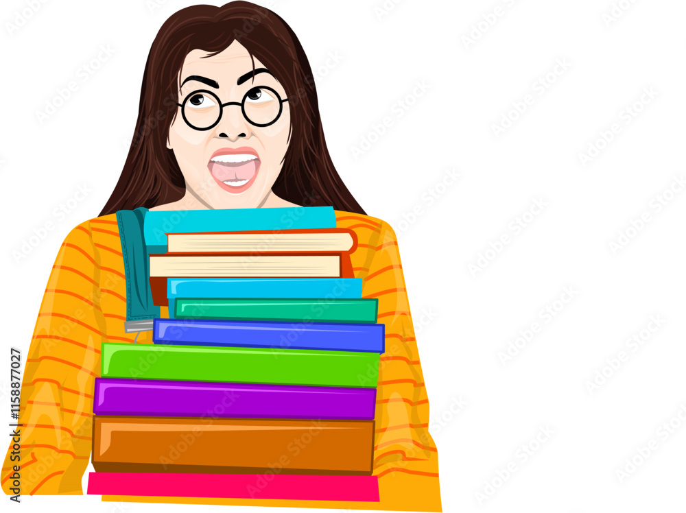 A young woman carrying a stack of books. Pile of textbooks. Education, study and literature concept. World book day. Vector illustration A young woman carrying a stack of books. Pile of textbooks. Education, study and literature concept. World book day. Vector illustration