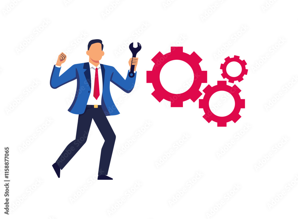 Businessman in a suit holding a wrench next to vibrant red gears, symbolizing problem-solving, teamwork, and operational efficiency. Perfect for corporate, business, or productivity themes. Businessman in a suit holding a wrench next to vibrant red gears, symbolizing problem-solving, teamwork, and operational efficiency. Perfect for corporate, business, or productivity themes.