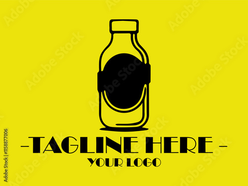 Black bottle outline on yellow background with a blank banner below for customizable text. Perfect for product label or advertising design and vektor