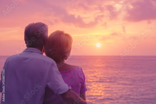 senior couple looking at pastel pink sunset on vacation. Happy retirement and long marriage concept. photo