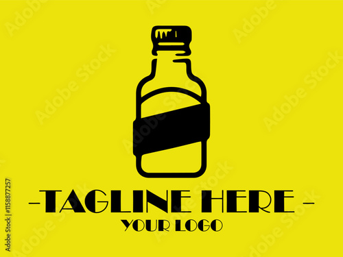 Black bottle outline on yellow background with a blank banner below for customizable text. Perfect for product label or advertising design and vektor