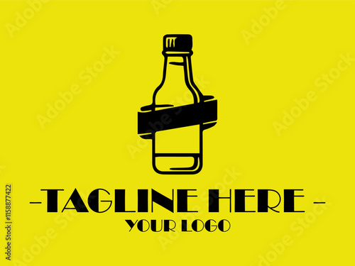 Black bottle outline on yellow background with a blank banner below for customizable text. Perfect for product label or advertising design and vektor