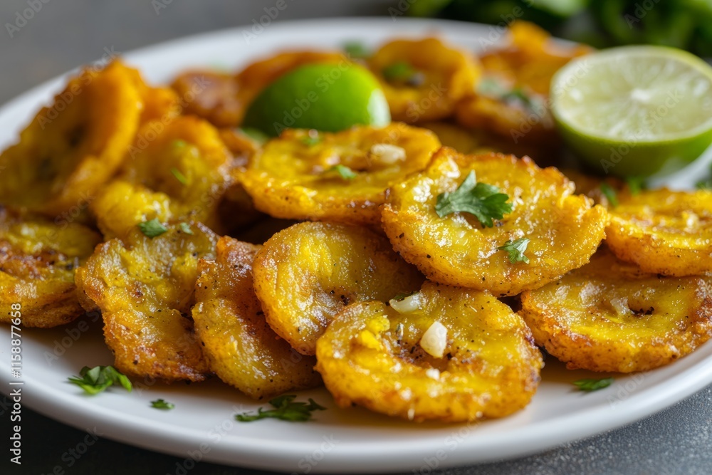Tostones components - plantains, garlic sauce, and lime on a plate of tostones, banana chips Tostones components - plantains, garlic sauce, and lime on a plate of tostones, banana chips