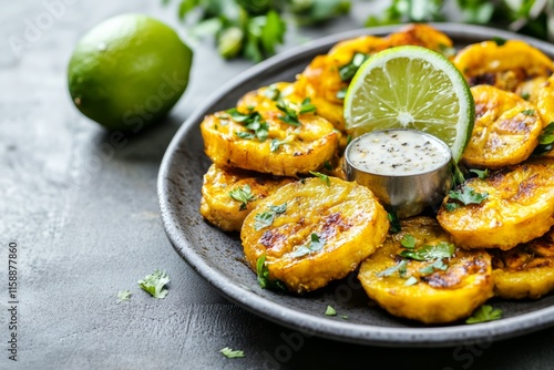 Tostones components - plantains, garlic sauce, and lime on a plate of tostones, banana chips photo