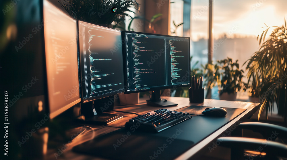 Fototapeta premium Modern workspace with dual monitors and natural light