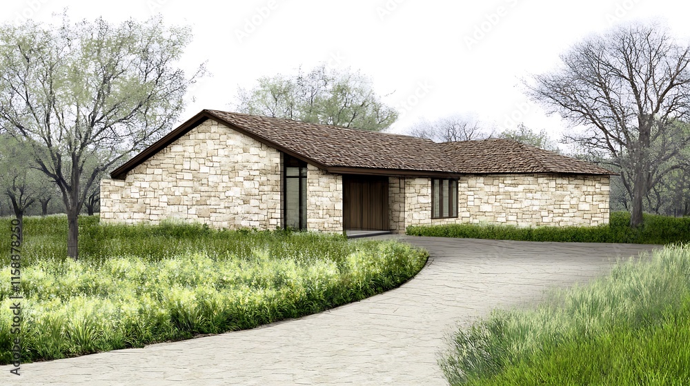 Modern stone house architectural rendering. Modern stone house architectural rendering.