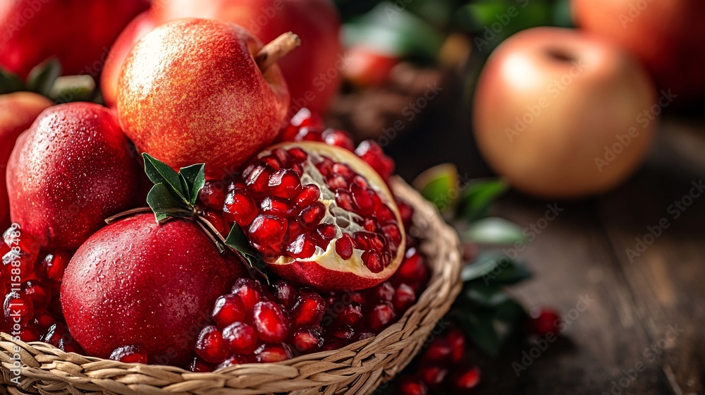 Wicker basket overflowing with fresh pomegranates and apples on rustic wooden table Wicker basket overflowing with fresh pomegranates and apples on rustic wooden table