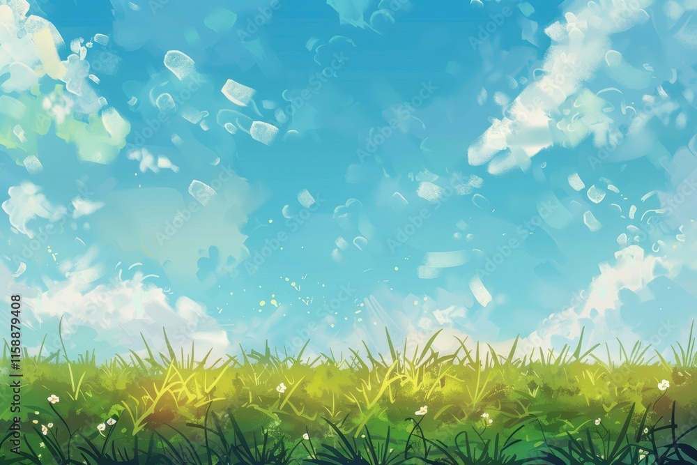 A lush green field of grass and wildflowers under a bright blue sky with white clouds A lush green field of grass and wildflowers under a bright blue sky with white clouds