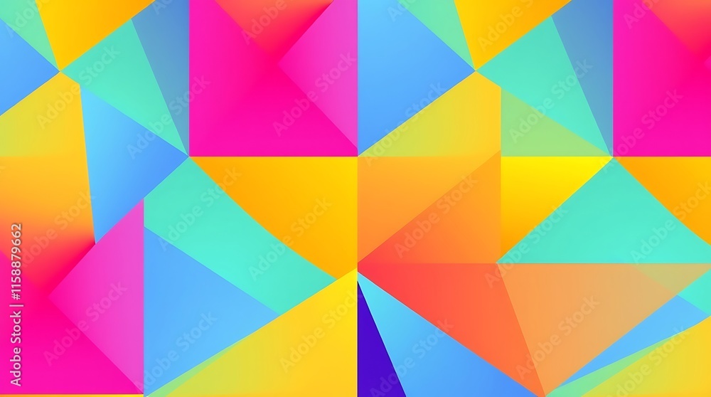 Vibrant Geometric Abstract: A captivating low-poly design featuring a kaleidoscope of bright, saturated colors in a dynamic, modern aesthetic. Perfect for backgrounds or design projects. 