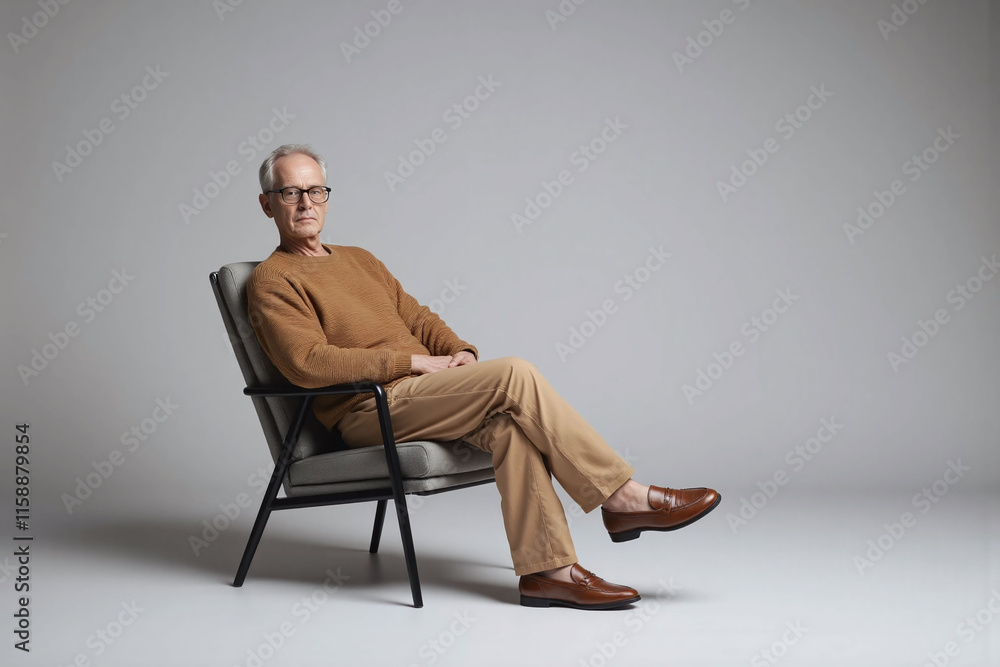 Elderly man sitting in modern minimalist setting Elderly man sitting in modern minimalist setting