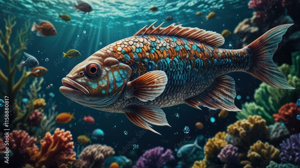 Fototapeta premium Vibrant Reef Fish Swims Among Colorful Coral