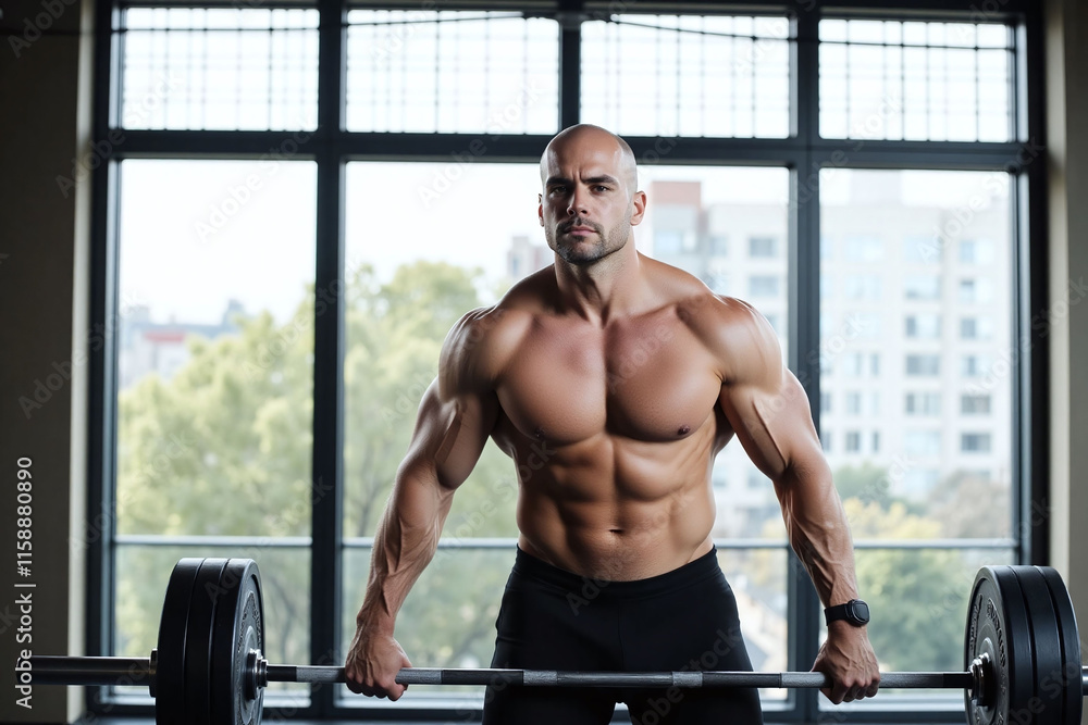 Obraz premium Man lifting barbell in modern gym