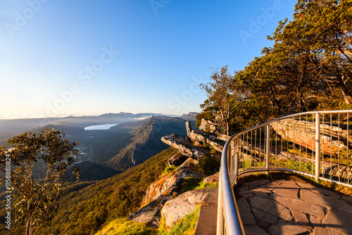 Stunning sunrise panorama from Boroka Lookout towards Halls Gap, Grampians, Victoria, Australia photo