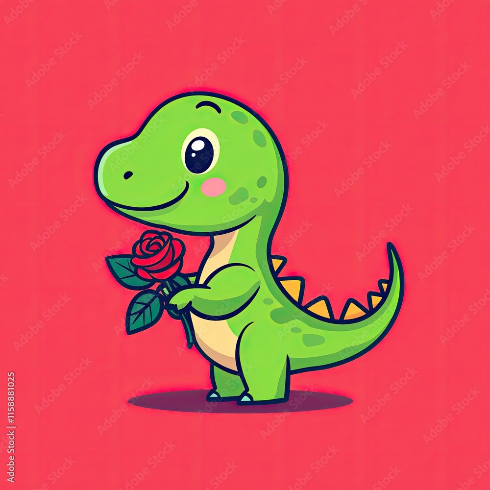 Naklejka premium Cute Dinosaur Holding Rose Valentine s Day Cartoon Illustration Adorable Green Red Love Romance