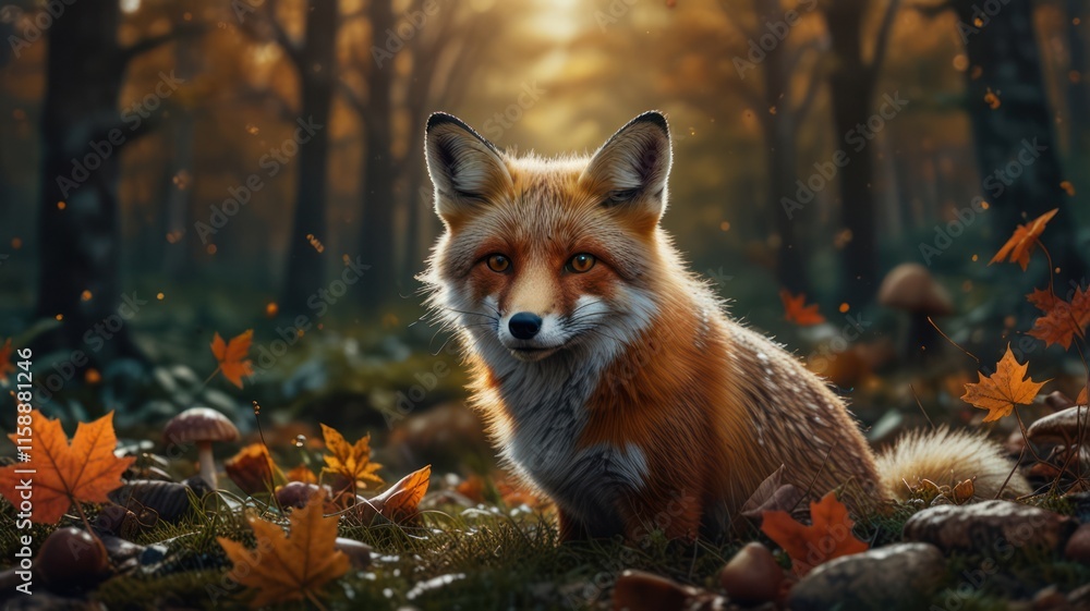 Fototapeta premium Red Fox Sitting in Autumn Forest