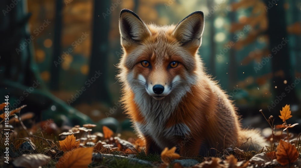 Fototapeta premium Red Fox Sitting Amidst Autumn Leaves in Forest