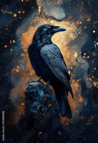 A black raven on an abstract textured background. photo