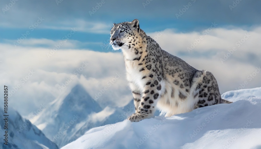 Magnificent Snow Leopard on Jagged Mountain Peaks Beneath Cerulean Winter Skies Magnificent Snow Leopard on Jagged Mountain Peaks Beneath Cerulean Winter Skies