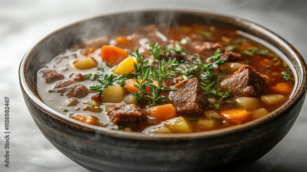 Savory beef soup, fragrant with thyme and rosemary, steam rising gently, soft summer tones in the background. Savory beef soup, fragrant with thyme and rosemary, steam rising gently, soft summer tones in the background.