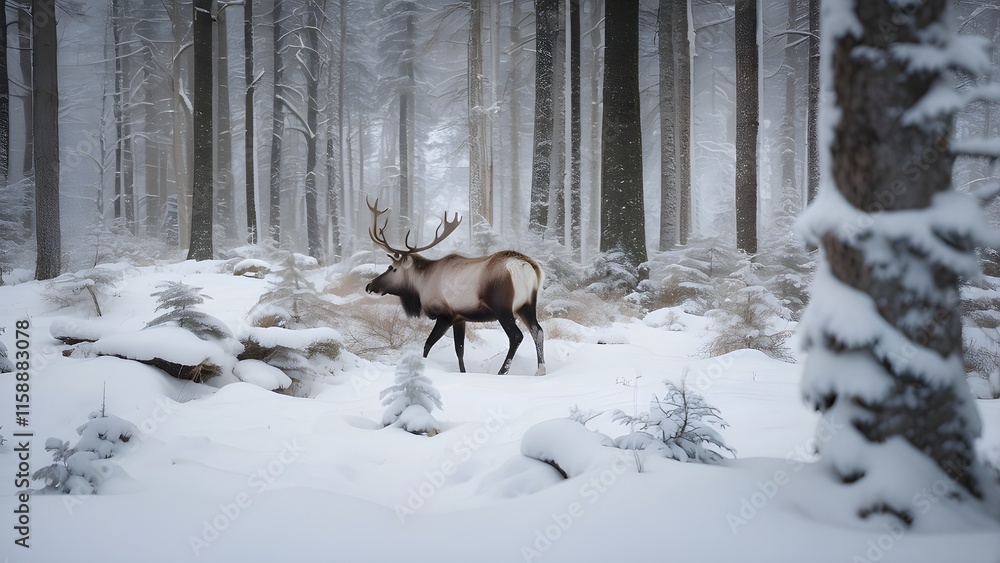Fototapeta premium Snow-Covered Mountain Landscape Featuring Wild Animals - Deer, Goat, and Sheep