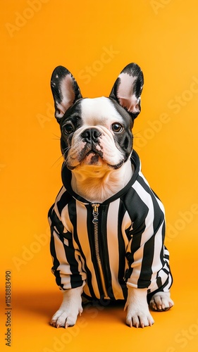 French Bulldog in Referee Costume Cute French Bulldog in Striped Referee Outfit Adorable French Bulldog Dressed as Referee, Fashion dog and cat clothes Adorable French Bulldog in striped outfit