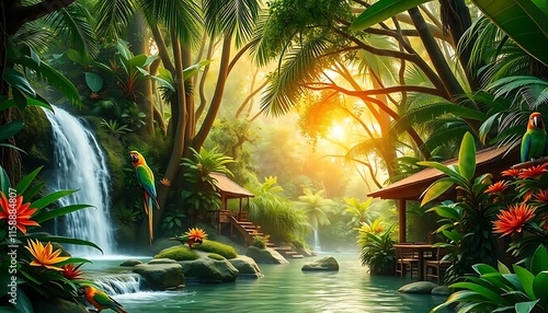 Serene Tropical Paradise Waterfall Macaws Relaxing Oasis