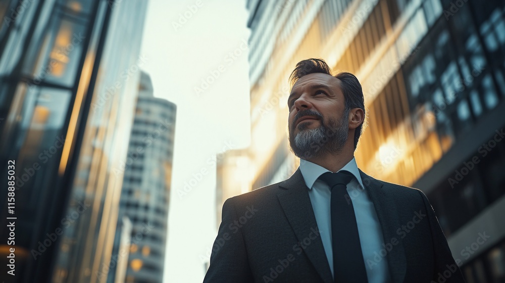 Businessman looking up at skyscrapers in financial district, feeling inspired Businessman looking up at skyscrapers in financial district, feeling inspired