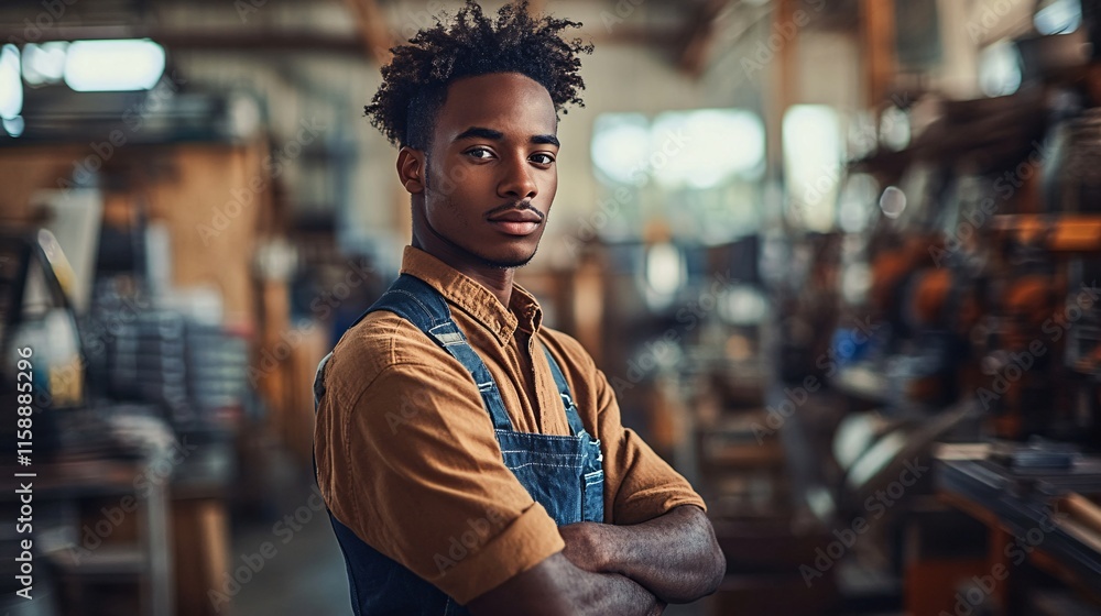 Young black metalworker posing with folded arms in workshop Young black metalworker posing with folded arms in workshop
