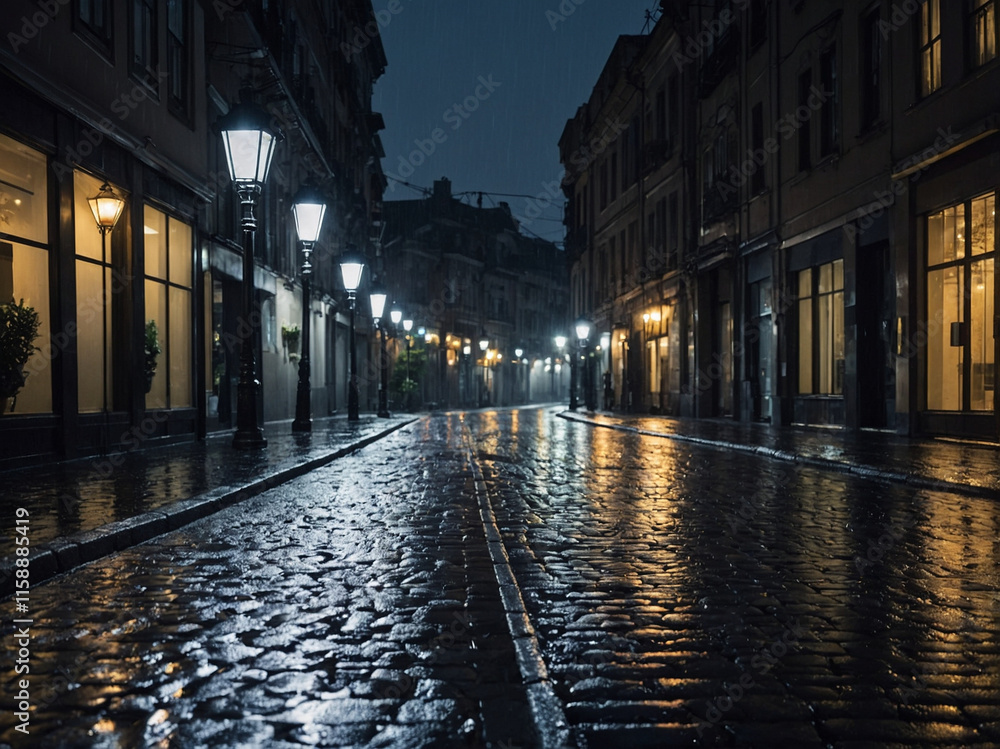 Rain falling on an empty cobblestone street, glowing streetlights reflecting on the wet surface, a serene and cinematic cityscape Rain falling on an empty cobblestone street, glowing streetlights reflecting on the wet surface, a serene and cinematic cityscape