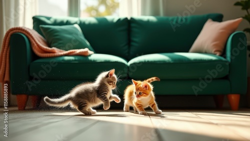 Two playful kittens chasing each other around a comfy couch, jumping and pouncing with excitement photo