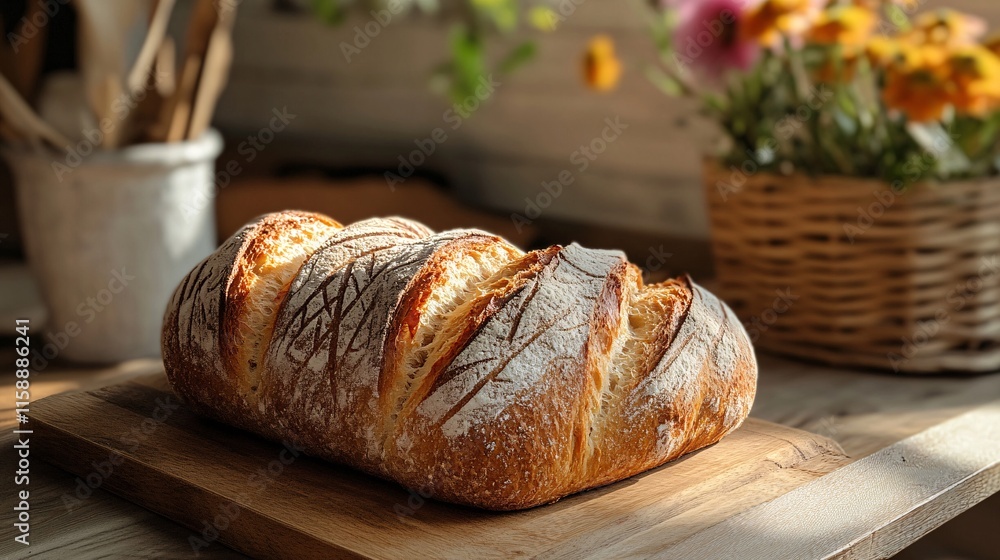 Loaf of freshly baked sourdough bread resting on wooden cutting board Loaf of freshly baked sourdough bread resting on wooden cutting board