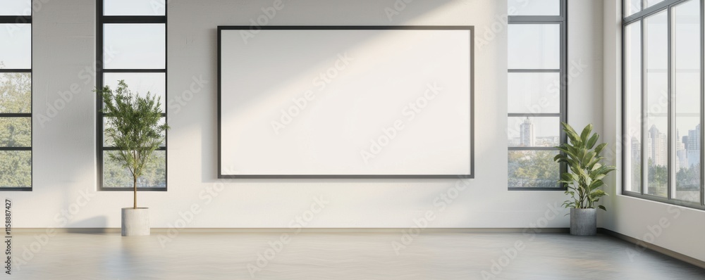 Large billboard frame mockup hanging on an office wall concept. Modern empty room with large windows and a blank wall for presentations Large billboard frame mockup hanging on an office wall concept. Modern empty room with large windows and a blank wall for presentations