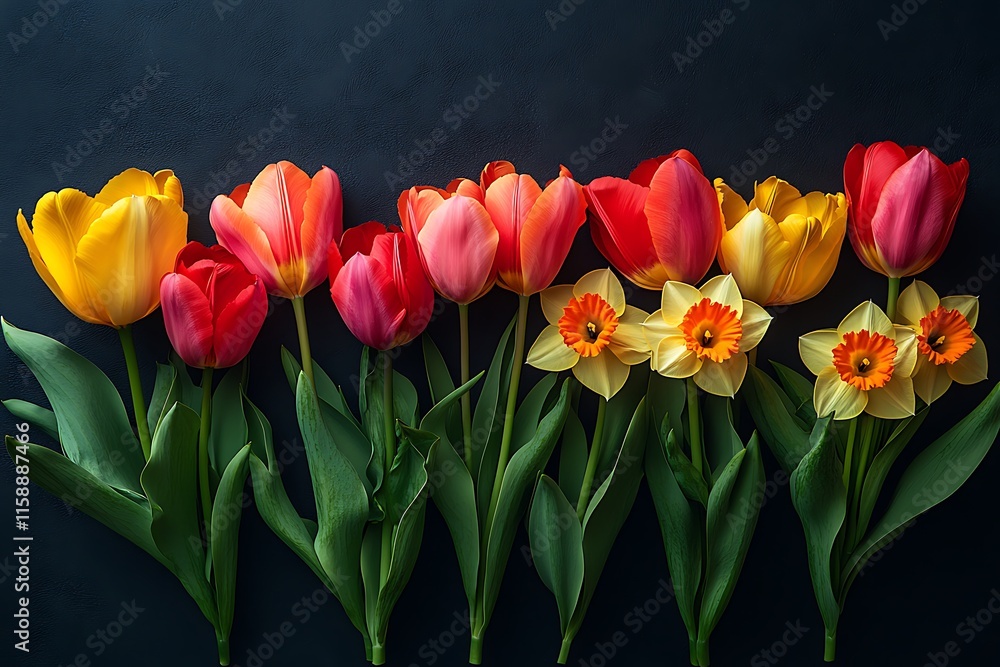 Vibrant Tulips and Daffodils on Dark Background Vibrant Tulips and Daffodils on Dark Background