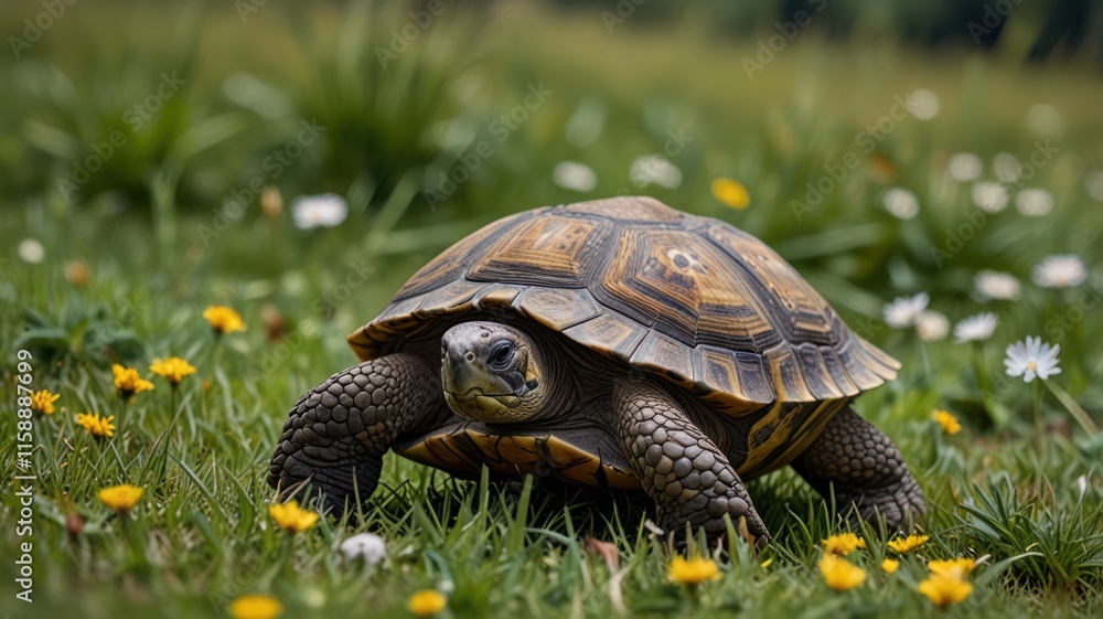 Tortoise Walking Through Grassy Meadow With Flowers Tortoise Walking Through Grassy Meadow With Flowers