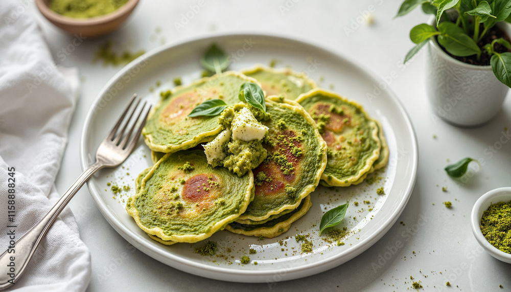 Serene matcha pancakes with fork poised, minimalist dining setting Serene matcha pancakes with fork poised, minimalist dining setting